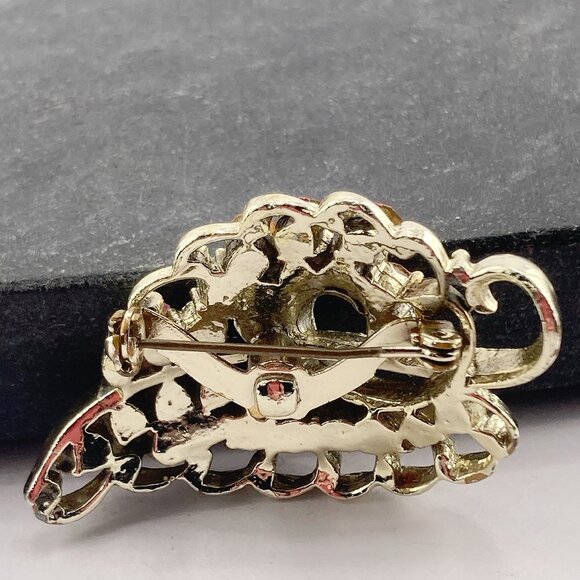 VINTAGE Pink rhinestone and silvery gold tone metal leaf brooch 1950s 1960s pin - Picture 8 of 8